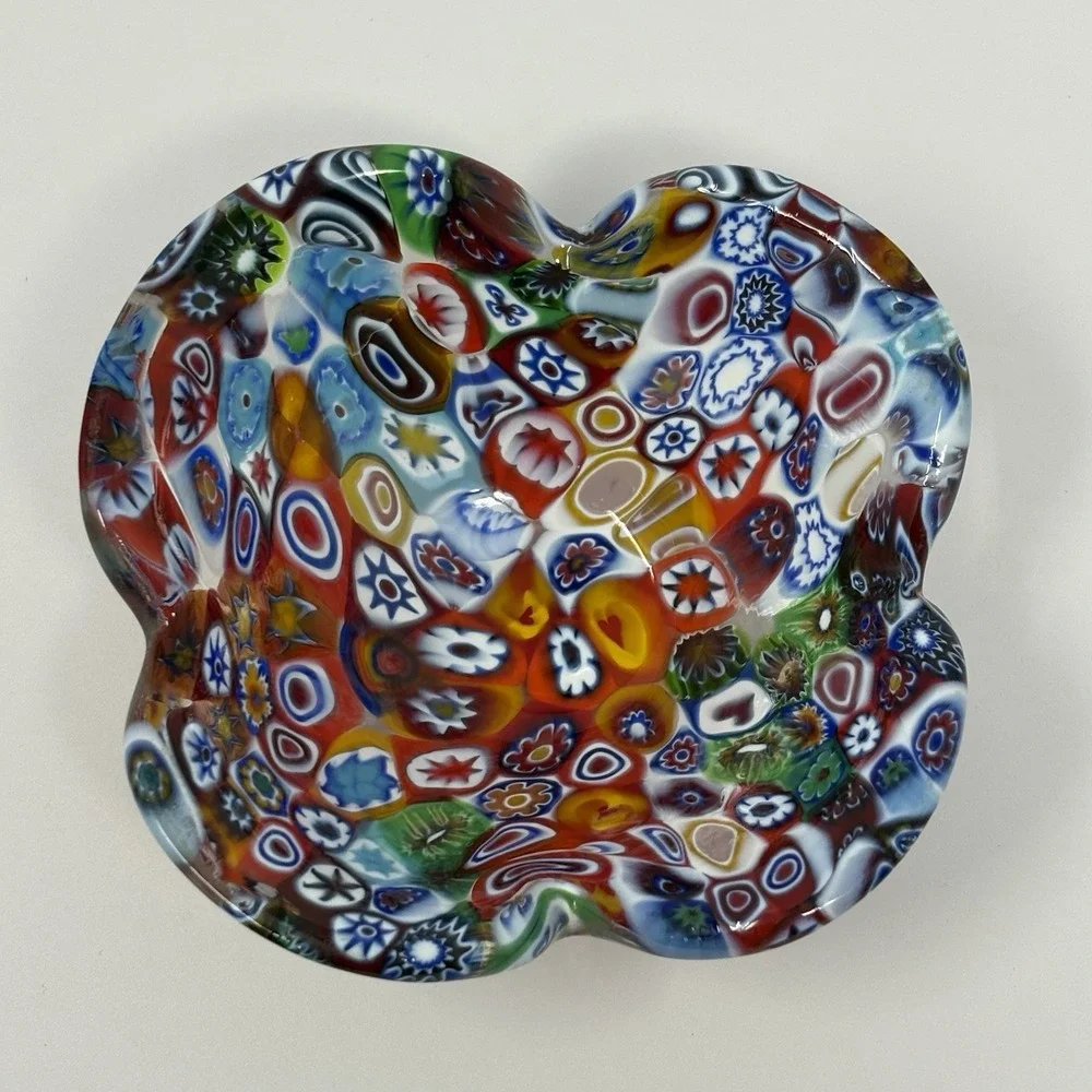 Vintage Murano Millefiori Art Glass Ruffled Bowl Candy Dish Multicolor